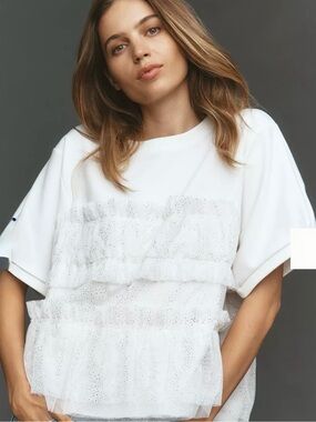 White Short Sleeve Ruffle Mesh Overlay Top